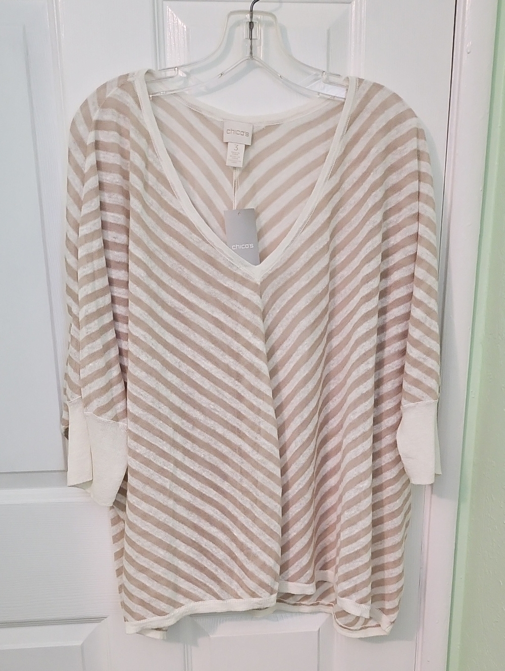 Chico’s Slubby Stripe Mary Pullover Sweater-NWT Linen Blend Semi Sheer 3/XL